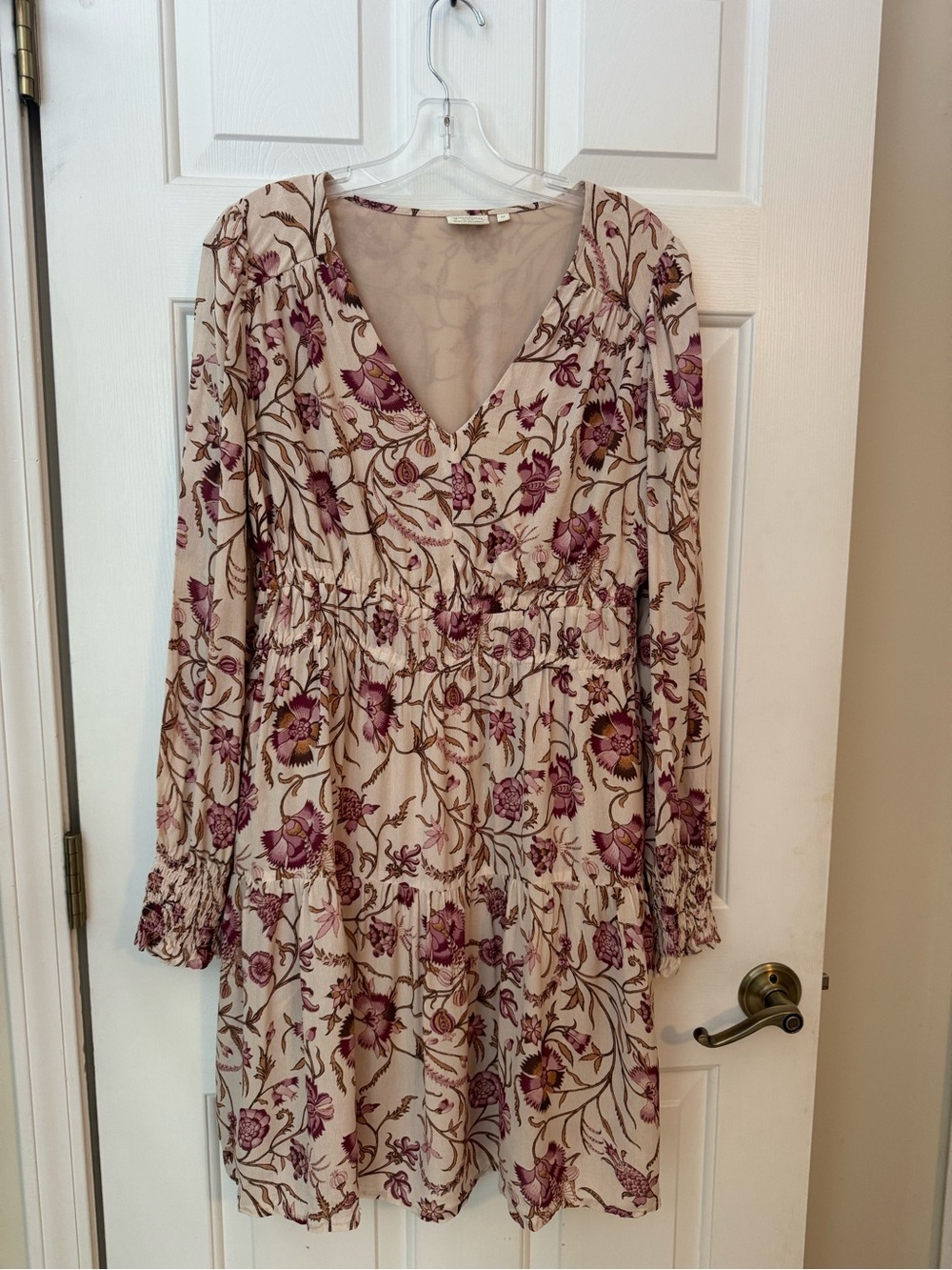 Spartina 449 Floral V-Neck Long Sleeve Dress in Cream and Purple